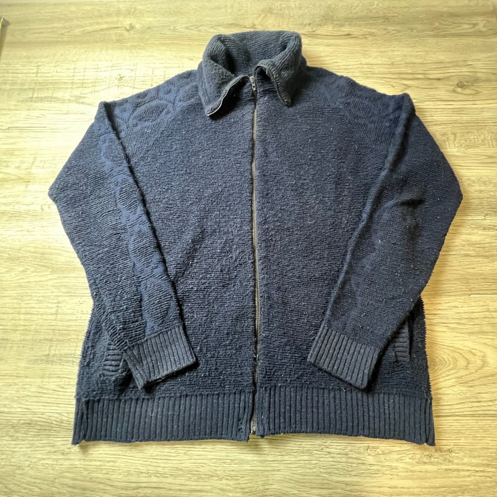Alps Full‎ Zip Cardigan Mens XL Navy Blue Cable Knit Sleeve Textured Sweater T35